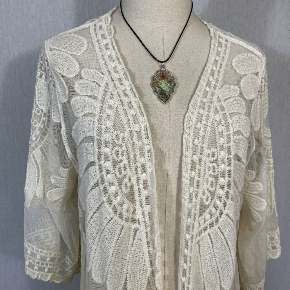 Rebellion Again Crochet Lace Ombré Kimono Duster Cardigan Boho Hippie Retro M - Picture 2 of 6